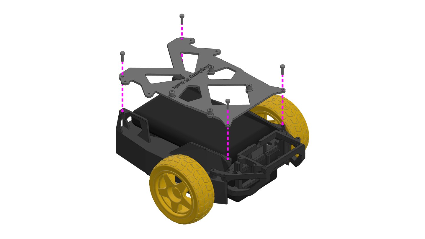 Step 16: the Raspberry Pi deck goes on top of the chassis, with four screws into the threaded inserts