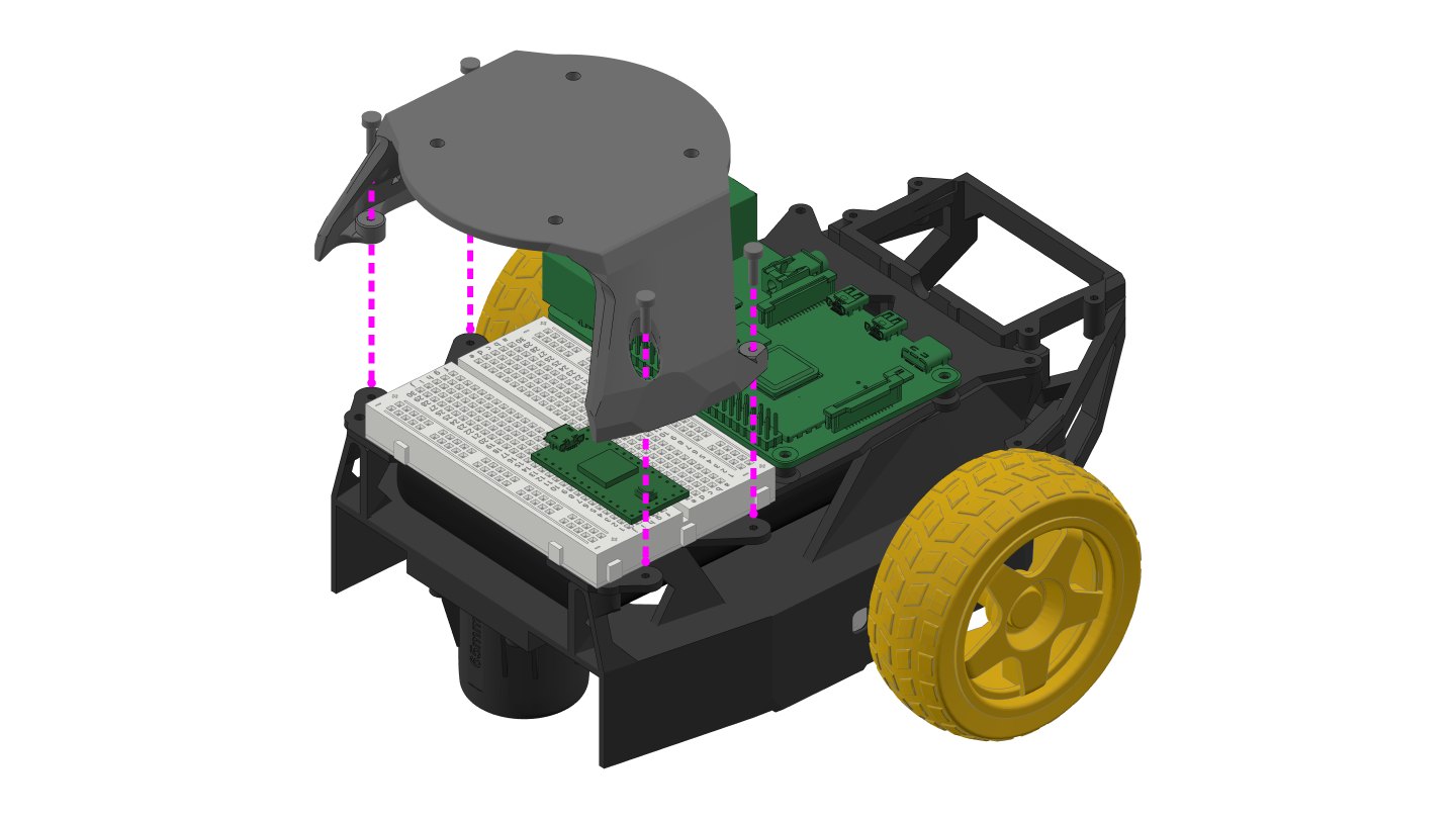 Step 19: the LiDAR platform goes over the breadboard, with four screws through its feet into the deck