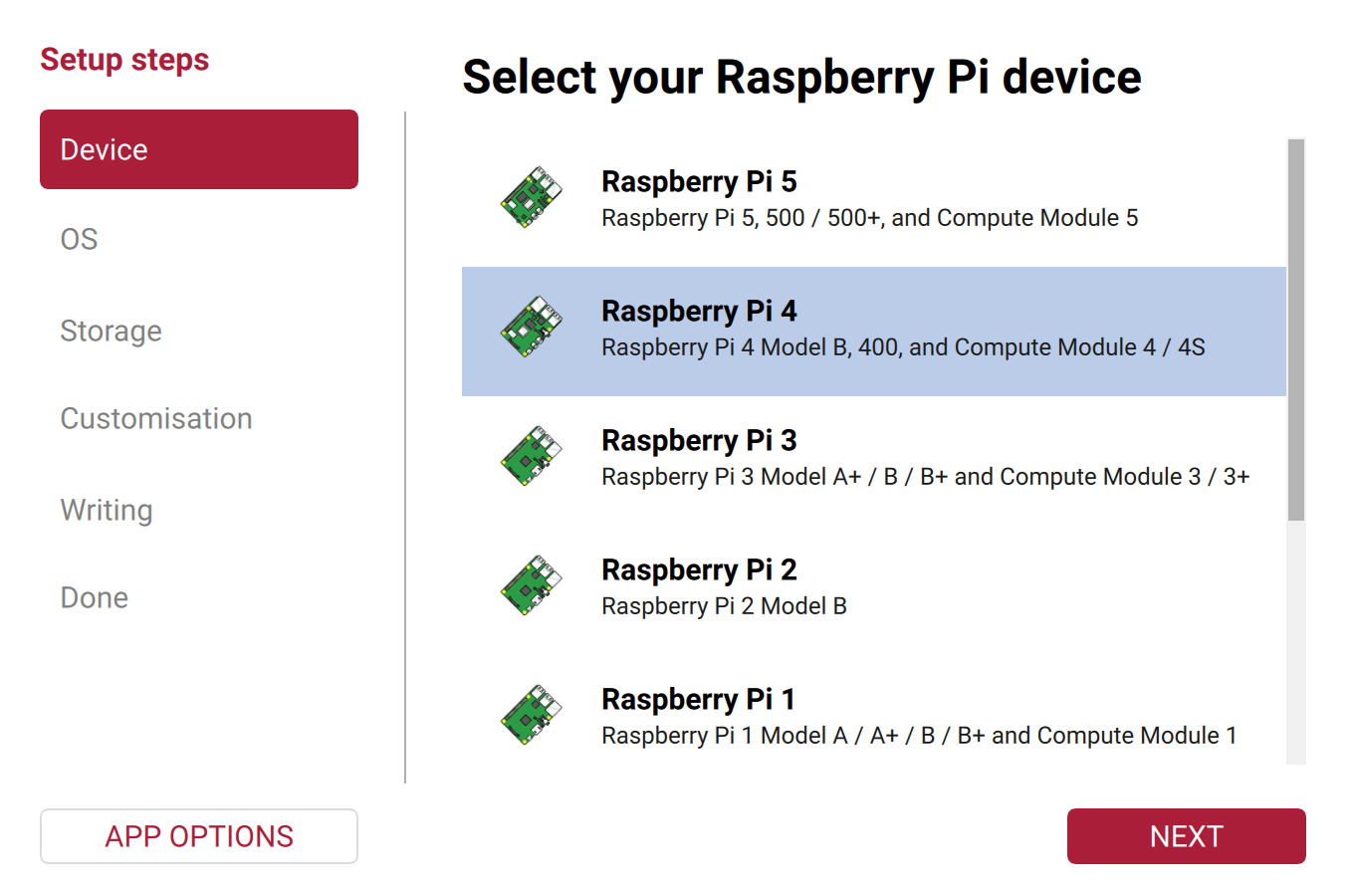 Raspberry Pi Imager's device step, with Raspberry Pi 4 selected