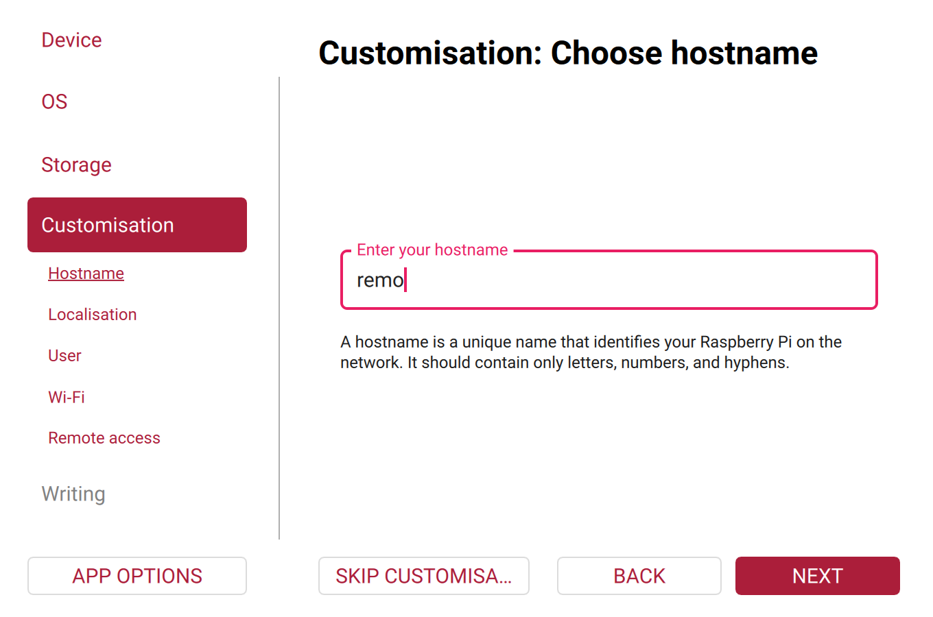 Raspberry Pi Imager's hostname step, with the hostname remo