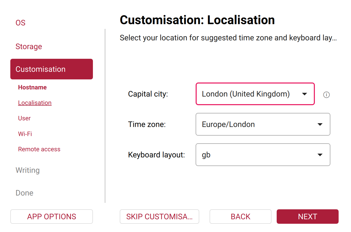 Raspberry Pi Imager's localisation step, with a capital city, its time zone and a keyboard layout