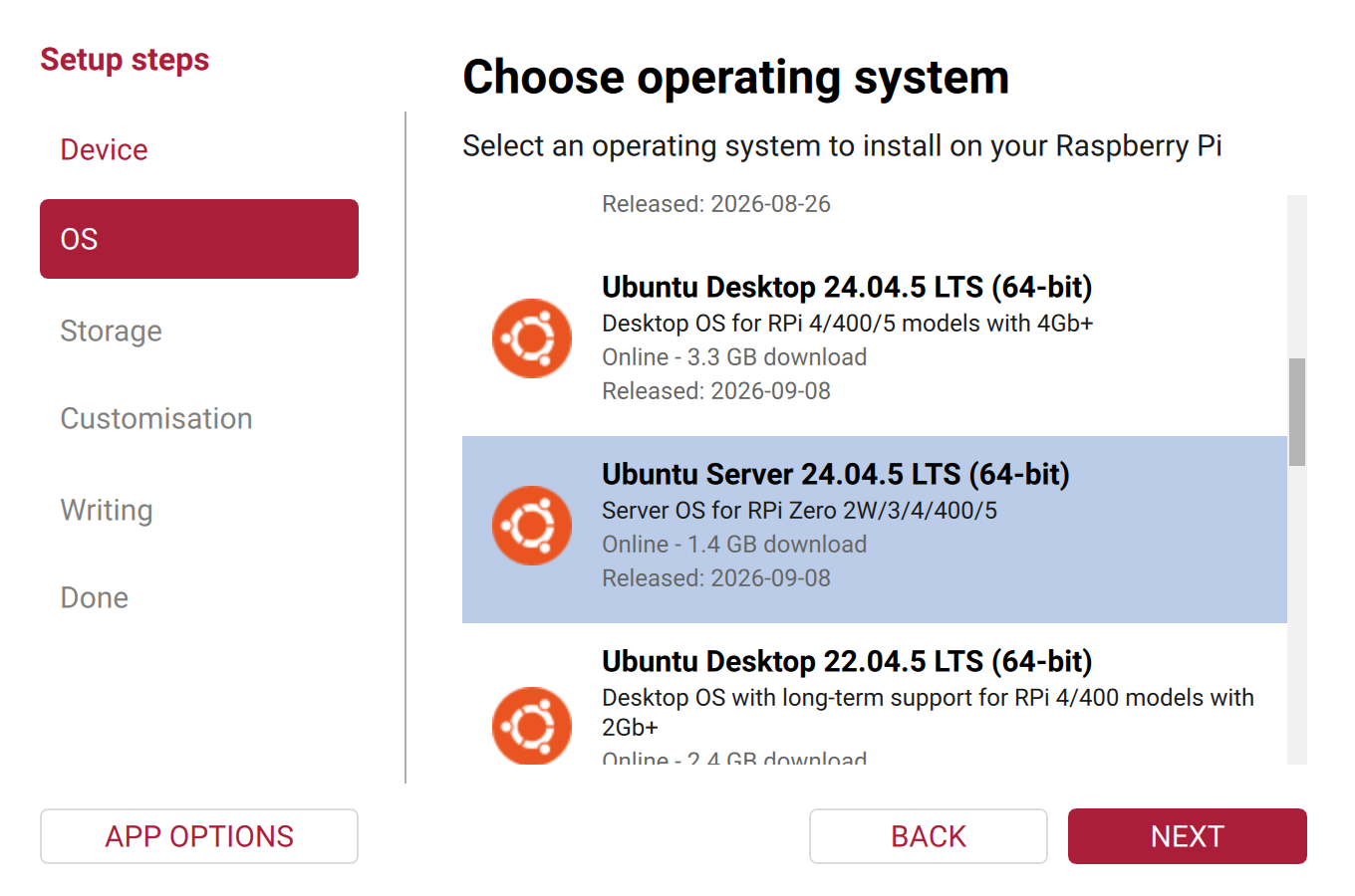 Raspberry Pi Imager's OS step, with Ubuntu Server 24.04.5 LTS (64-bit) selected in the Ubuntu list