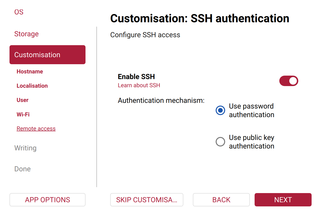 Raspberry Pi Imager's customisation step for SSH, with SSH enabled and password authentication selected
