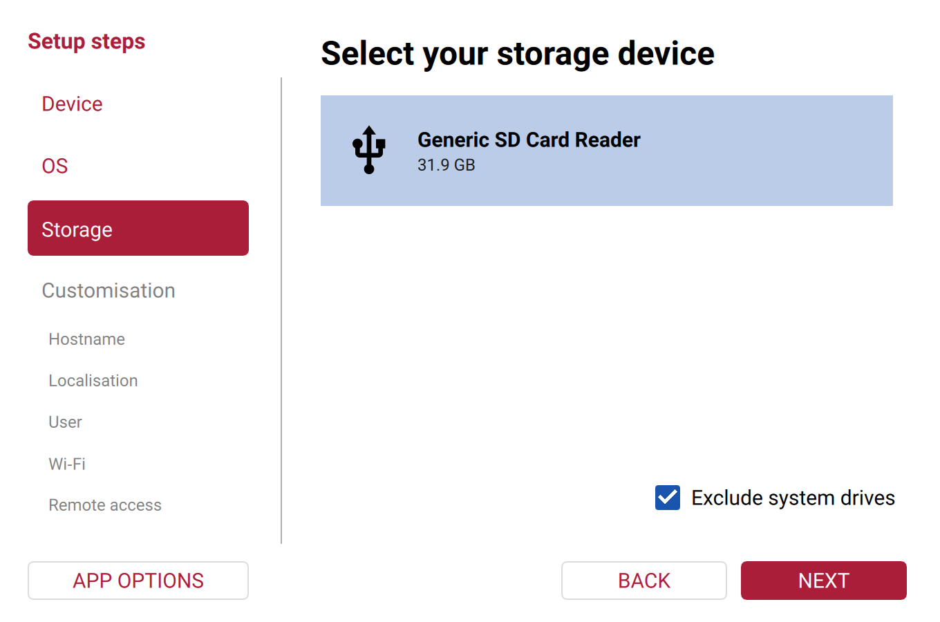 Raspberry Pi Imager's storage step, with an SD card reader selected