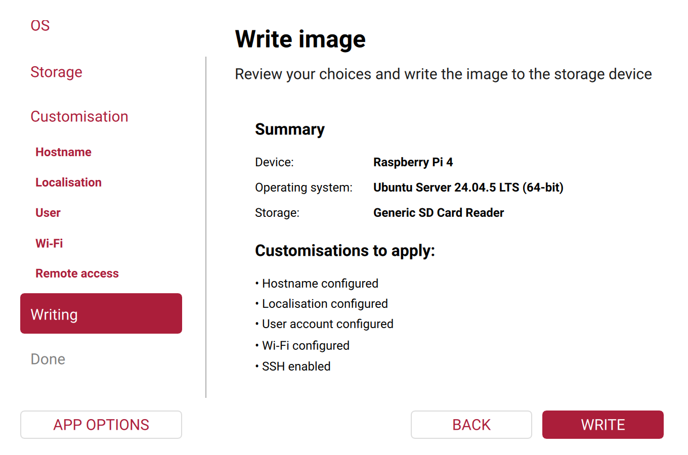 Raspberry Pi Imager's summary before writing: Raspberry Pi 4, Ubuntu Server 24.04.5 LTS (64-bit), and the customisations hostname, localisation, user account, Wi-Fi and SSH