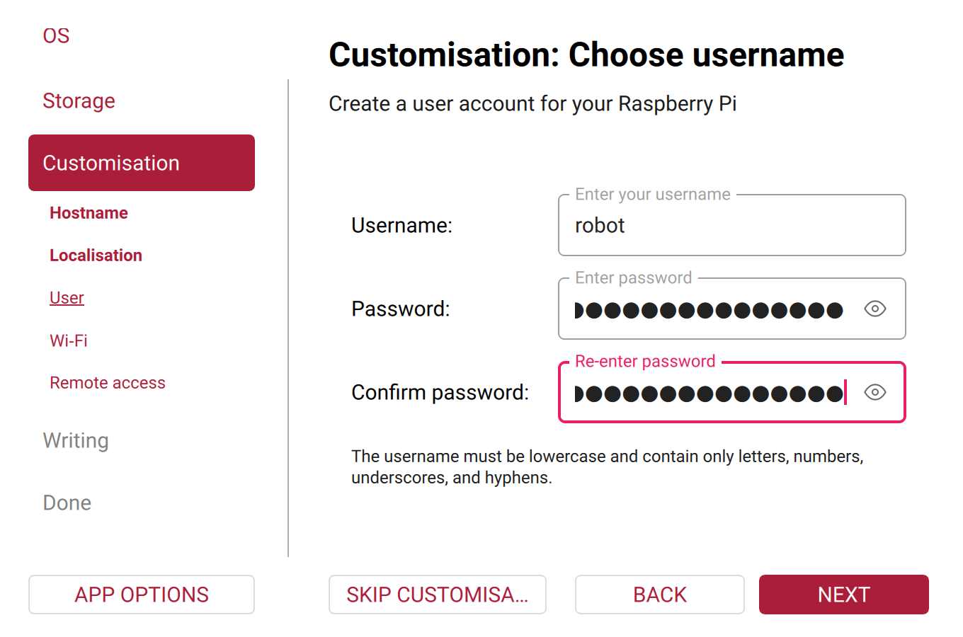 Raspberry Pi Imager's user step, with the user name robot and a password