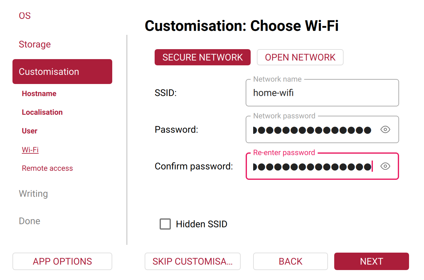 Raspberry Pi Imager's Wi-Fi step, with the network name home-wifi and a password