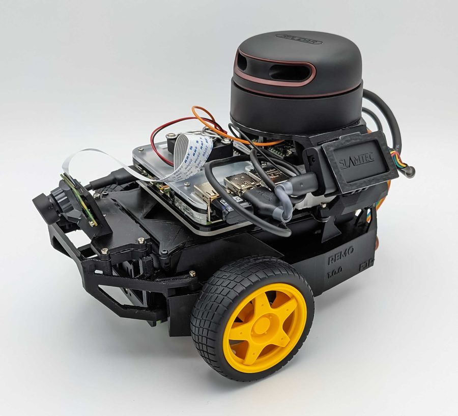 Remo with its 3D printed frame, RPLidar, Raspberry Pi and camera